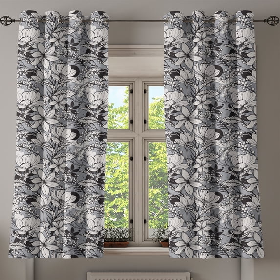 Ambesonne Floral Grommet Curtain, Frangipani Mimosa Lotus, 50" x 63", Black White Pale Grey