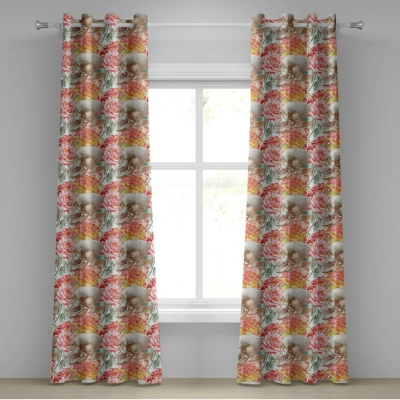Ambesonne Floral Grommet Curtain, Garden Spring Rose Skull Art, 50"x108", Pale Rose and Reseda Green