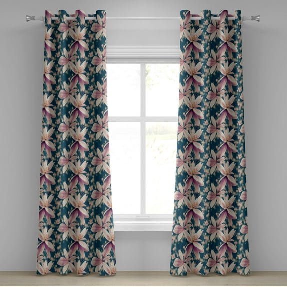 Ambesonne Floral Grommet Curtain, Garden of Magnolia Flowers, 50"x72", Petrol Blue and Pale Purple