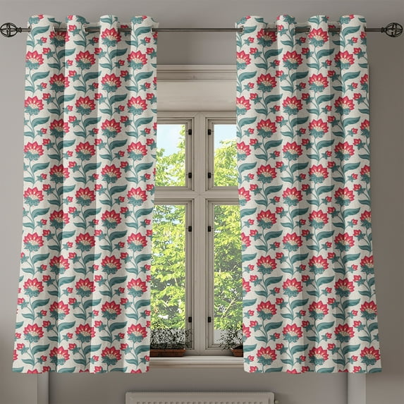 Ambesonne Floral Grommet Curtain, Jacobean Blooming Petals, 50" x 63", Dark Coral Teal Beige