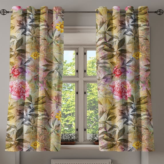 Ambesonne Floral Grommet Curtain, Leaf Prints Summer Flowers, 50"x63", Khaki Sepia and Pink