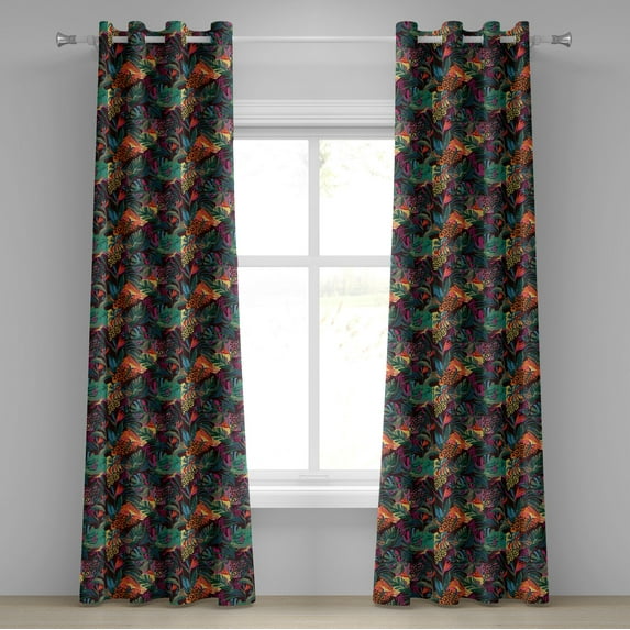 Ambesonne Floral Grommet Curtain, Leafy Leopard Skin Pattern, 50"x108", Forest Green and Apricot