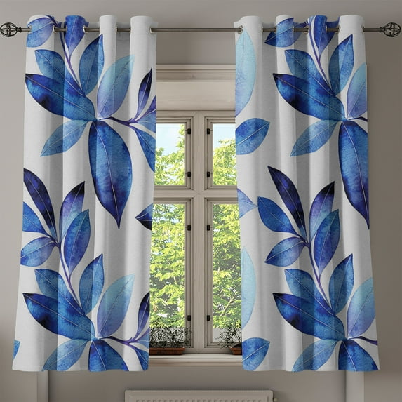 Ambesonne Floral Grommet Curtain, Leaves Tropical Plain Back, 50"x63", Ivory and Cobalt Blue