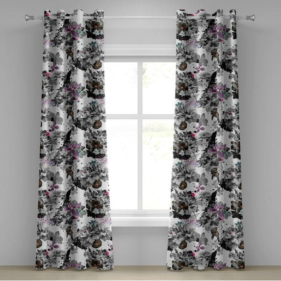 Ambesonne Floral Grommet Curtain, Magnolia Flowers Dots Leaves, 50"x108", Grey Brown and Pale Purple