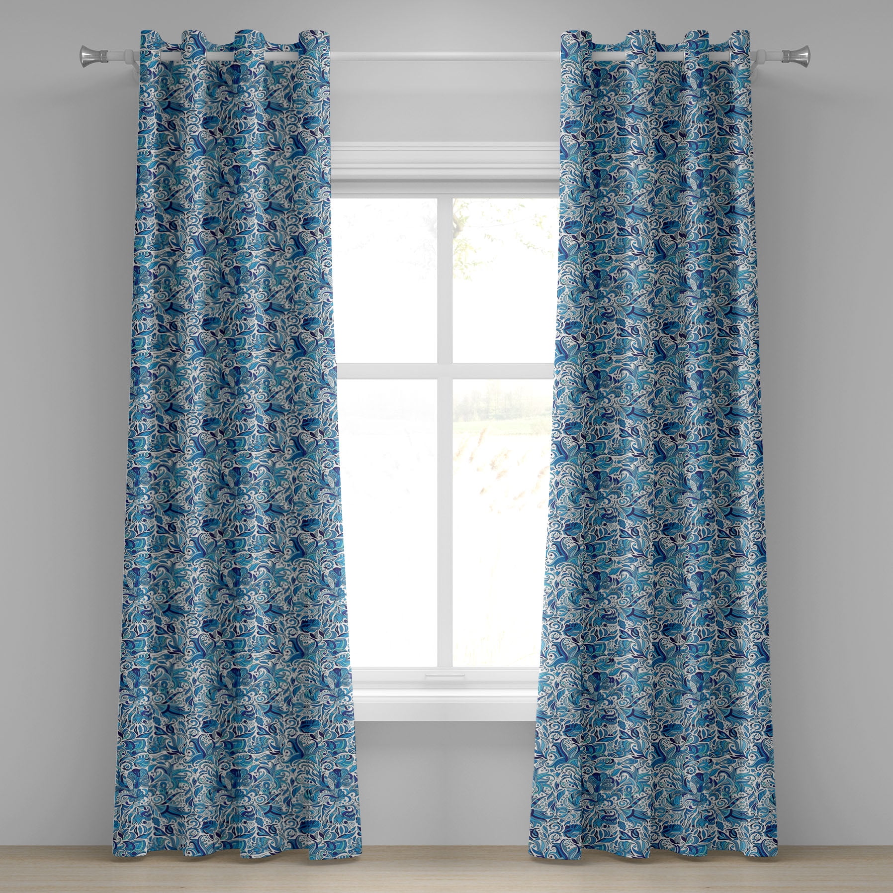 Blue and Silver Floral Grommet Polyester Curtain Panels, 108"