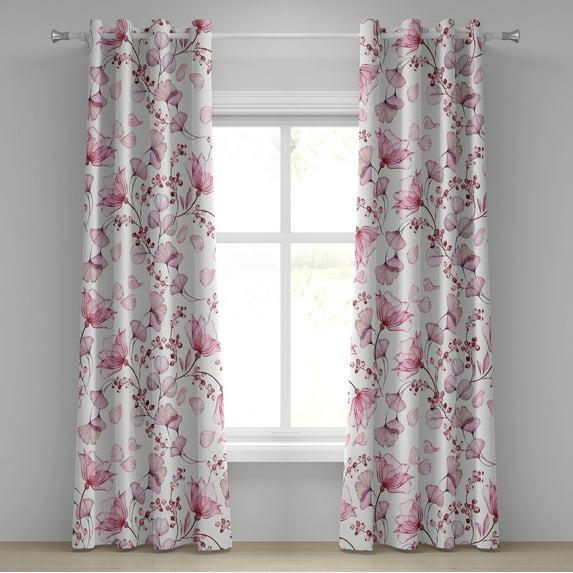 Ambesonne Floral Grommet Curtain, Modern Romantic Wild Ginkgo, 50"x96", Pink Dried Rose and White