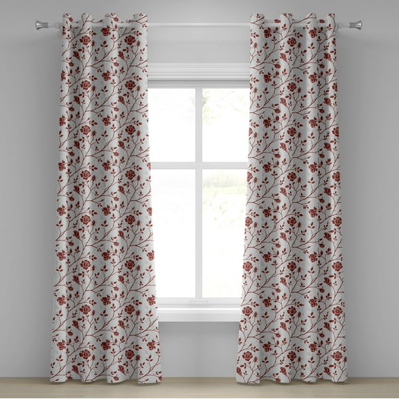 Ambesonne Floral Grommet Curtain, Monochrome Rose Leaves, 50" x 108", Ruby Beige White