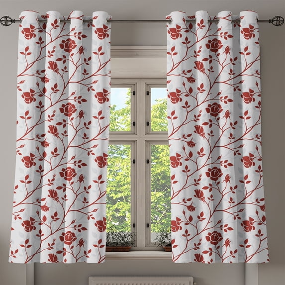 Ambesonne Floral Grommet Curtain, Monochrome Rose Leaves, 50" x 63", Ruby Beige White