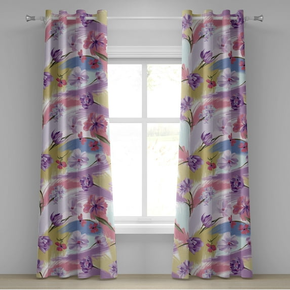 Ambesonne Floral Grommet Curtain, Oil Painting Look Flowers, 50"x84", Lilac Blush and Khaki