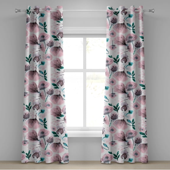 Ambesonne Floral Grommet Curtain, Pastel Dreamy Poppy Garden, 50"x120", Dark Teal and Pale Pink