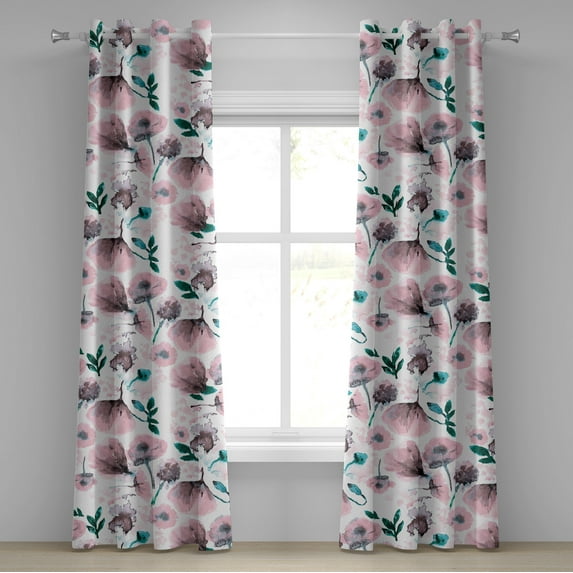 Ambesonne Floral Grommet Curtain, Pastel Dreamy Poppy Garden, 50"x96", Dark Teal and Pale Pink