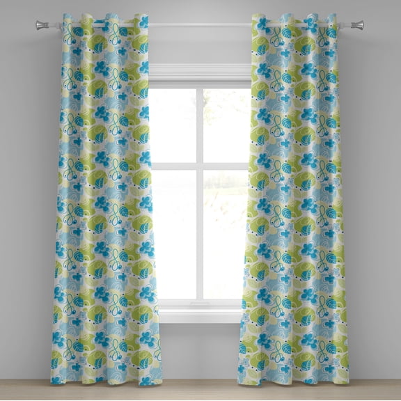 Ambesonne Floral Grommet Curtain, Pastel Whimsical Doodle, 50" x 84", Blue Green White