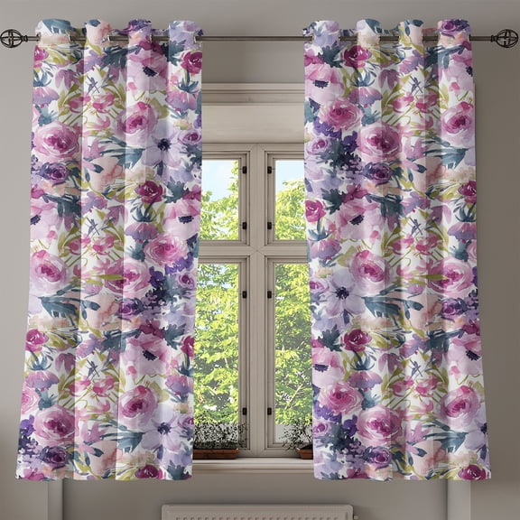 Ambesonne Floral Grommet Curtain, Peony Roses Modern Botanical, 50"x63", Pale Fuchsia Blue Grey