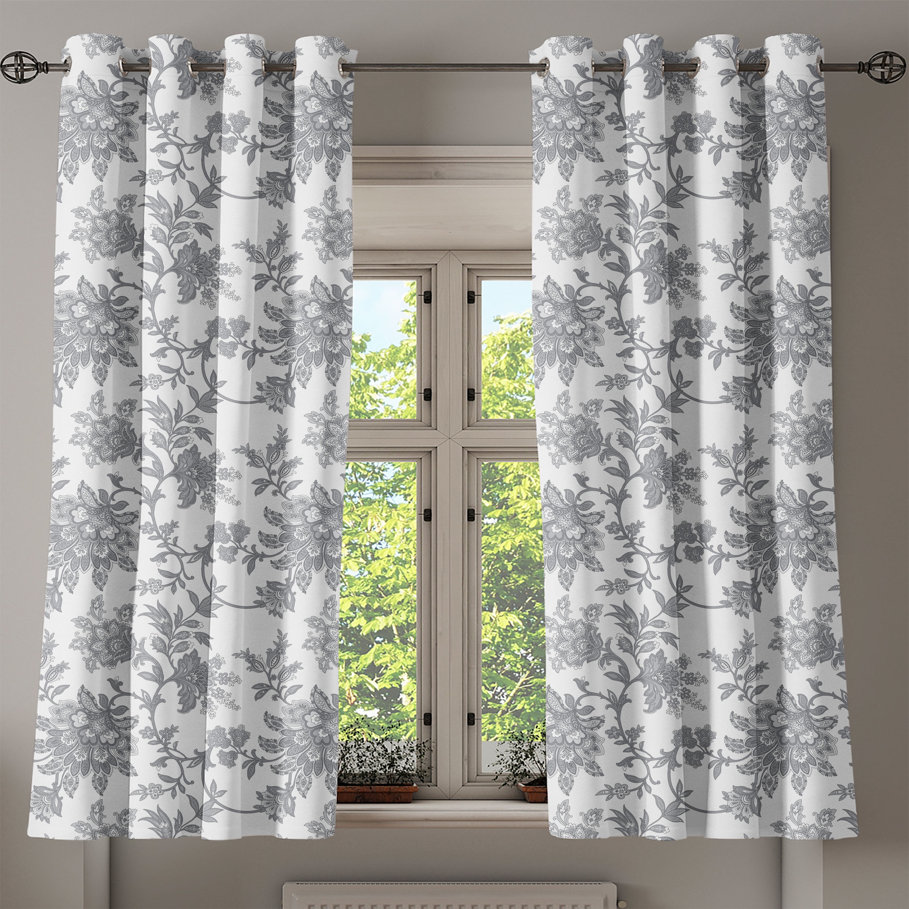 Silver Floral Grommet Light Filtering Polyester Curtain Pair