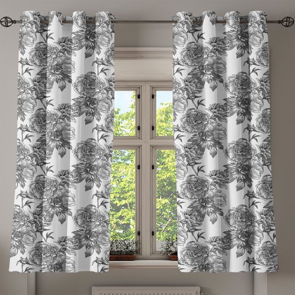 Ambesonne Floral Grommet Curtain, Plant Blossom Spring, 50" x 54", Black Grey White