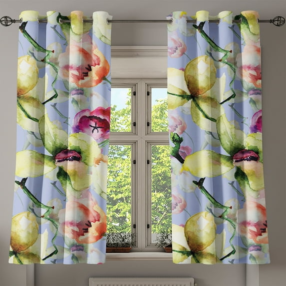 Ambesonne Floral Grommet Curtain, Pop Blossoms Spring Love Art, 50"x60", Ceil Blue and Yellow Green