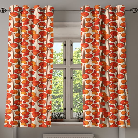 Ambesonne Floral Grommet Curtain, Poppies Retro Spring, 50" x 63", Orange and Ivory
