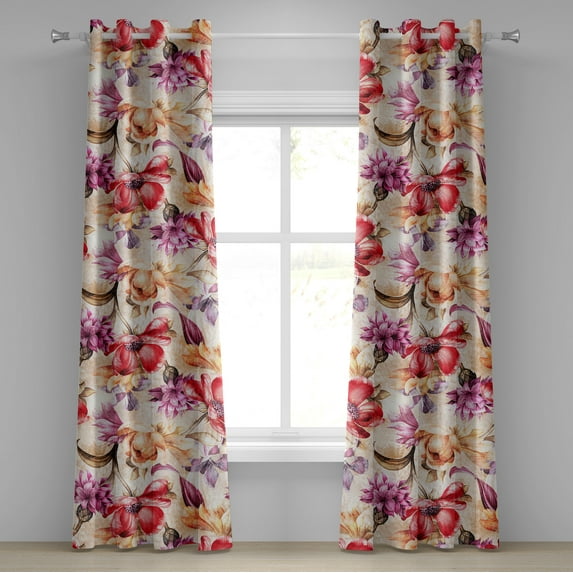Ambesonne Floral Grommet Curtain, Retro Flowers Wild Botany, 50"x96", Peach Fuchsia and Dark Coral