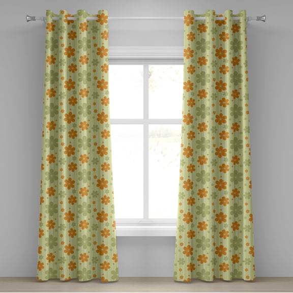 Ambesonne Floral Grommet Curtain, Retro Graphic Flowers, 50" x 120", Pale Green Orange