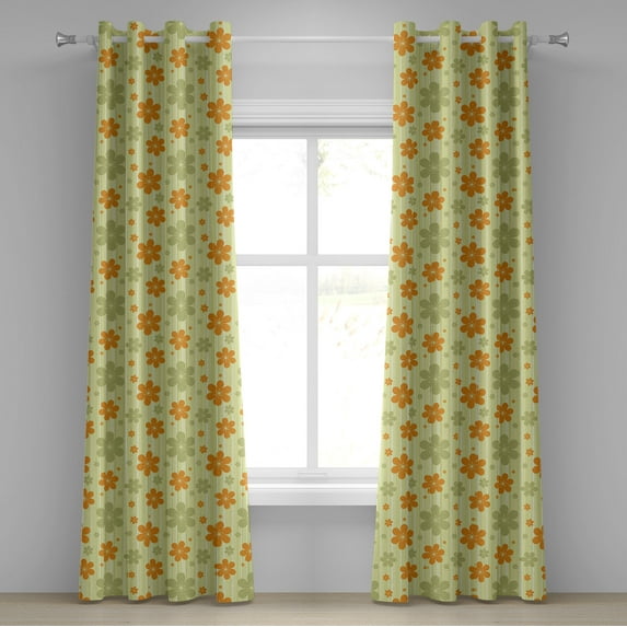 Ambesonne Floral Grommet Curtain, Retro Graphic Flowers, 50" x 96", Pale Green Orange