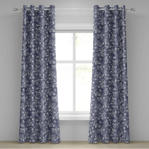 Ambesonne Floral Grommet Curtain, Retro Vibe Butterflies Curls, 50"x72", Ceil Blue and Dark Purple