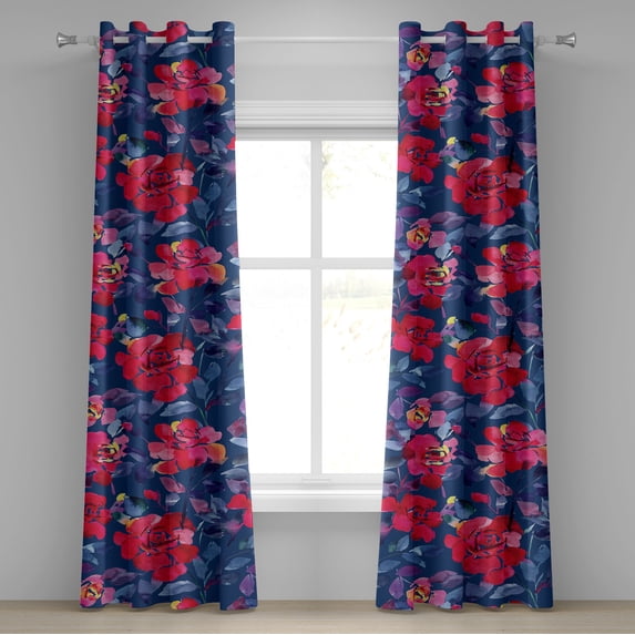 Ambesonne Floral Grommet Curtain, Rose Look Flowers Leaves Art, 50"x72", Hot Pink Dark Sky Blue