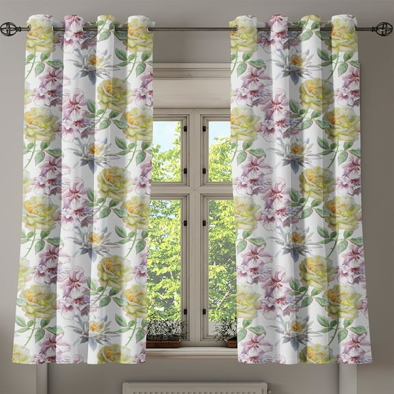 Ambesonne Floral Grommet Curtain, Rose Petals Sakura Lily, 50" x 54", Fern Green Pale Pink