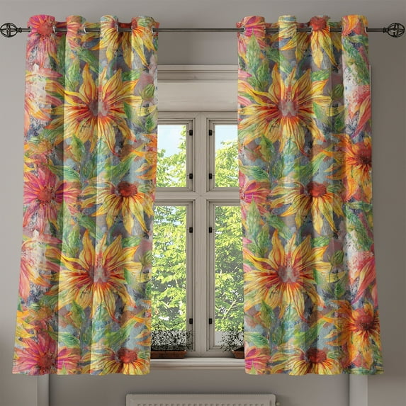 Ambesonne Floral Grommet Curtain, Rustic Summer Coneflowers, 50"x60", Coral Pale Orange and Green