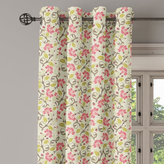 Ambesonne Floral Grommet Curtain Single Panel, Curving Flower Pattern Art, 50"x60", Pale Green and Pink