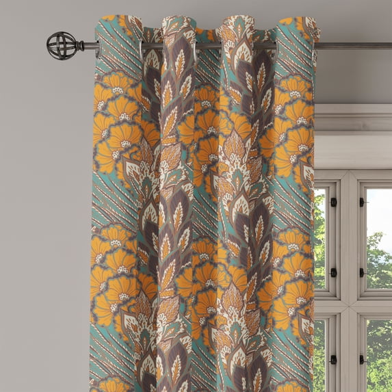 Ambesonne Floral Grommet Curtain Single Panel, Flowers and Peacock, 50"x60", Petrol Blue Pale Coffee