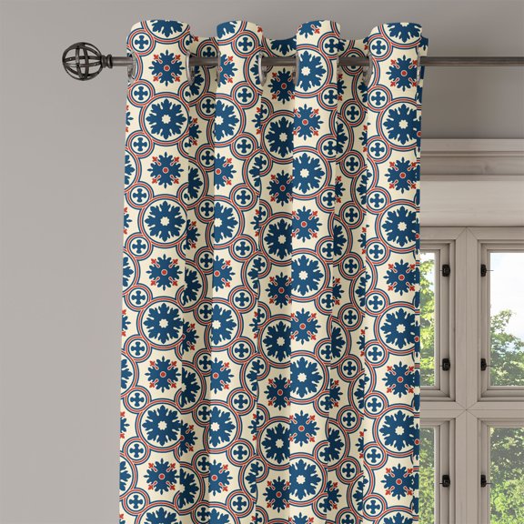 Ambesonne Floral Grommet Curtain Single Panel, Ornate Circles Inspiration, 50"x60", Ruby Beige Navy Blue