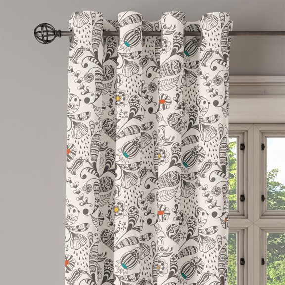 Ambesonne Floral Grommet Curtain Single Panel, Spring Foliage Ethnic, 50"x60", Cream Grey
