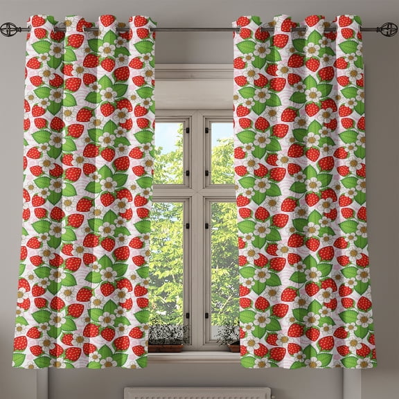 Ambesonne Floral Grommet Curtain, Strawberries Summertime, 50" x 63", Vermilion Green Pink