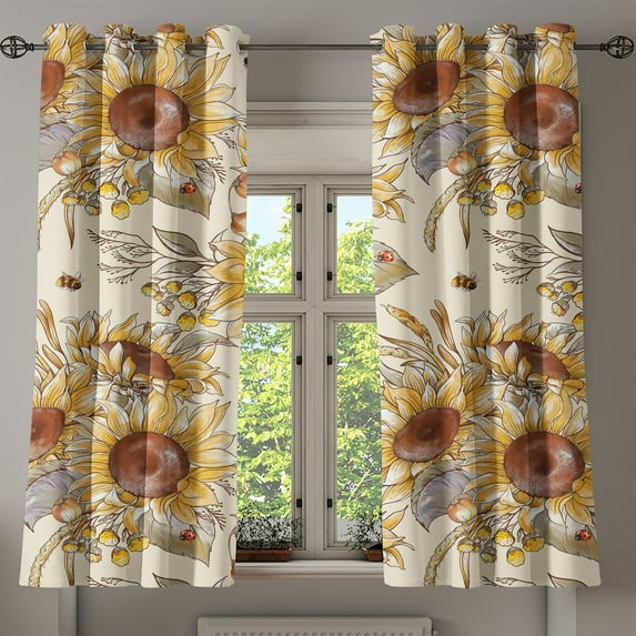 Ambesonne Floral Grommet Curtain, Summer Bloom Floral Pattern, 50"x60", Chocolate Mustard and Cream