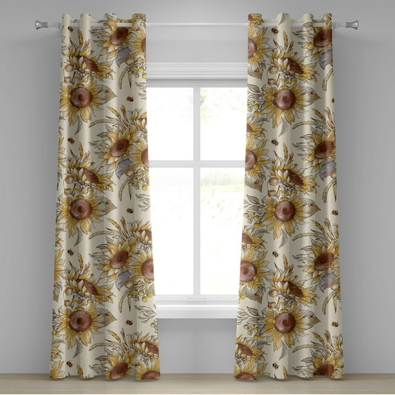 Ambesonne Floral Grommet Curtain, Summer Bloom Floral Pattern, 50"x84", Chocolate Mustard and Cream
