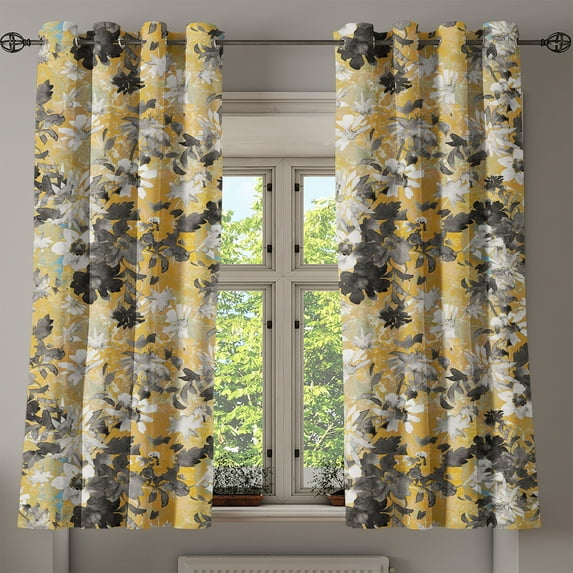 Ambesonne Floral Grommet Curtain, Summer Flowers Print Retro, 50"x60", Dark Yellow and Grey