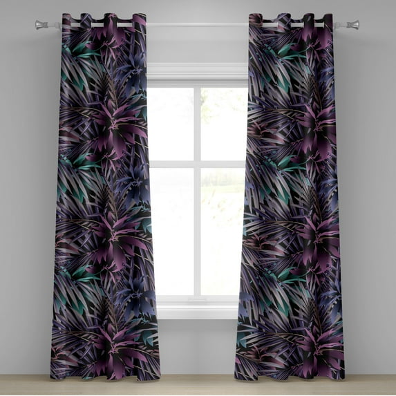 Ambesonne Floral Grommet Curtain, Tropical Forest Leaves Retro, 50"x96", Quartz Turquoise and Black