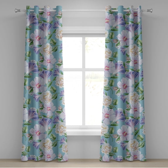 Ambesonne Floral Grommet Curtain, Vintage Hibiscus Roses Print, 50"x72", Lilac Seafoam and Green