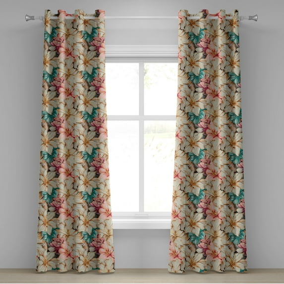 Ambesonne Floral Grommet Curtain, Vintage Lily Flower Pattern, 50"x108", Almond Rose Turquoise
