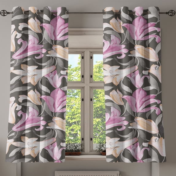 Ambesonne Floral Grommet Curtain, Vintage Lily Flowers Bloom, 50"x60", Grey Pink and Peach