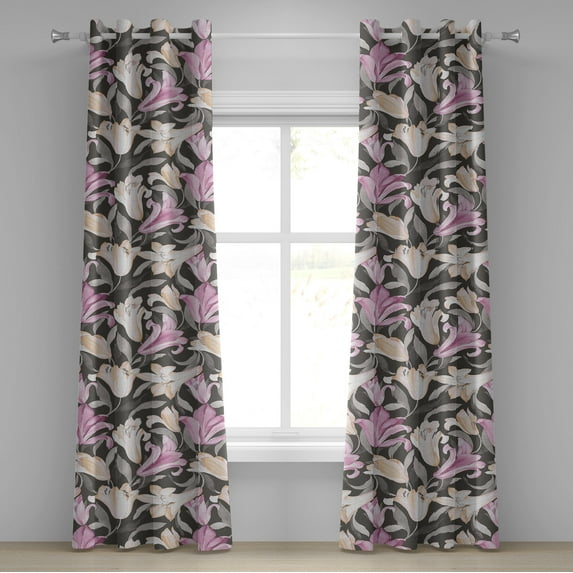 Ambesonne Floral Grommet Curtain, Vintage Lily Flowers Bloom, 50"x72", Grey Pink and Peach