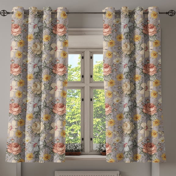 Ambesonne Floral Grommet Curtain, Vintage Style Hibiscus Art, 50"x63", Mauve Mustard Rose