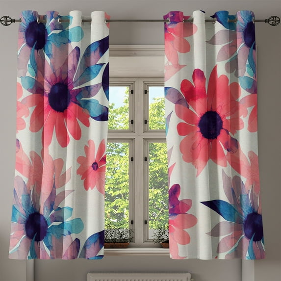 Ambesonne Floral Grommet Curtain, Waatercolor Spring Flowers, 50"x60", Violet Blue Dark Coral