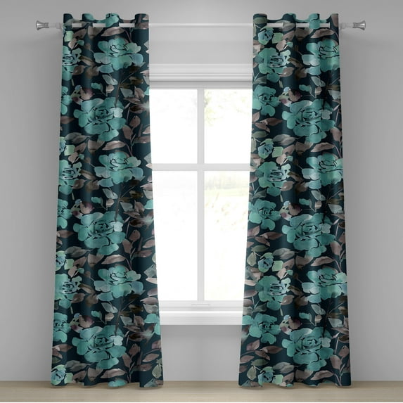 Ambesonne Floral Grommet Curtain, Watercolor Rose Leafy Modern, 50"x108", Seafoam Dark Teal Dimgray