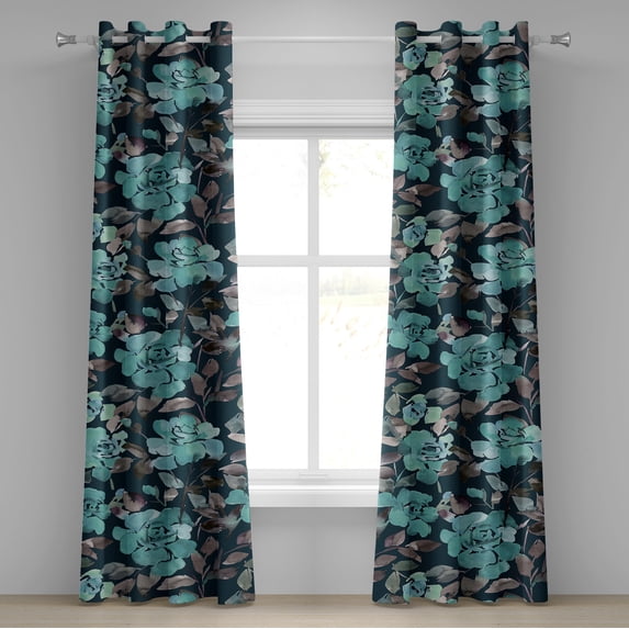 Ambesonne Floral Grommet Curtain, Watercolor Rose Leafy Modern, 50"x84", Seafoam Dark Teal Dimgray
