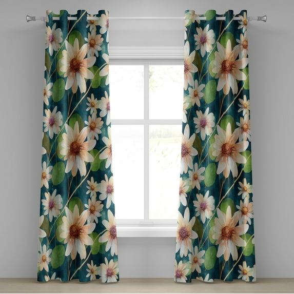 Ambesonne Floral Grommet Curtain, Waterlily Leaves Art Summer, 50"x84", Fern Green Peach Teal