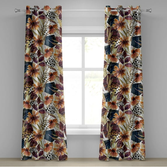 Ambesonne Floral Grommet Curtain, Wild Flowers Hexagon Forms, 50"x72", Plum Orange and Dark Blue