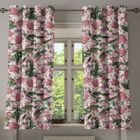 Ambesonne Floral Grommet Curtain, Wild Tulips Blooming Garden, 50"x60", Emerald and Dried Rose