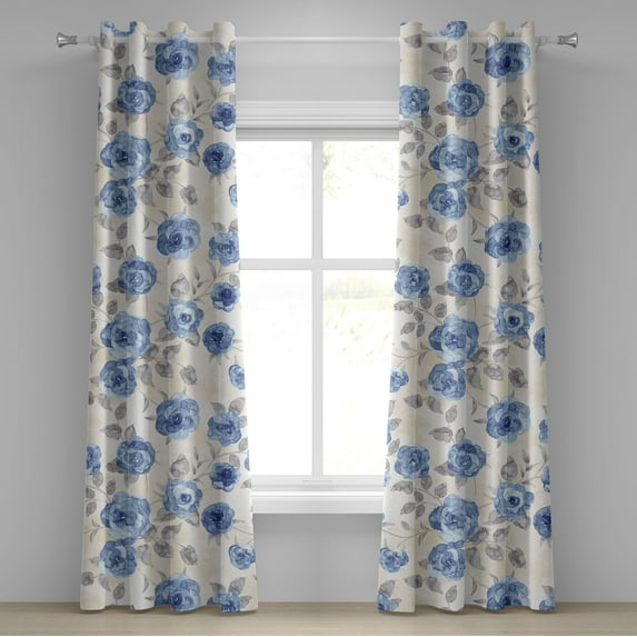 Ambesonne Floral Grommet Curtain, Winter Sketch Roses Artwork, 50"x96", Blue Pale Grey Cream