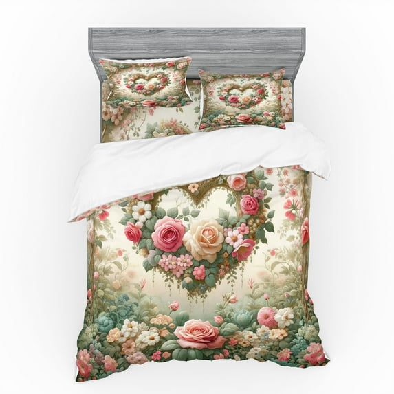 Ambesonne Floral Heart Bedding Set 4 Pcs, Tender Medieval Garden, Queen, Laurel Green and Pink
